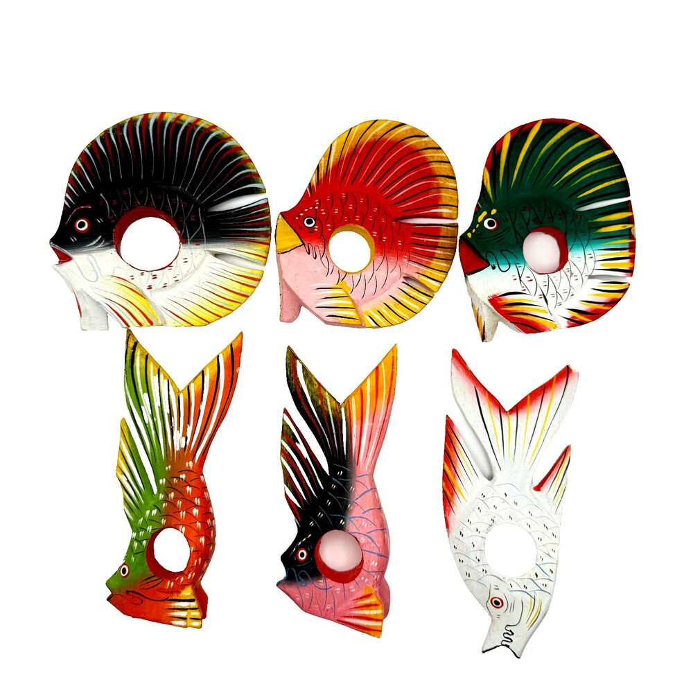 VTG Tropical Fish Napkin Rings Wooden Hand Carved & Painted Set Of 6 Circa 1980s